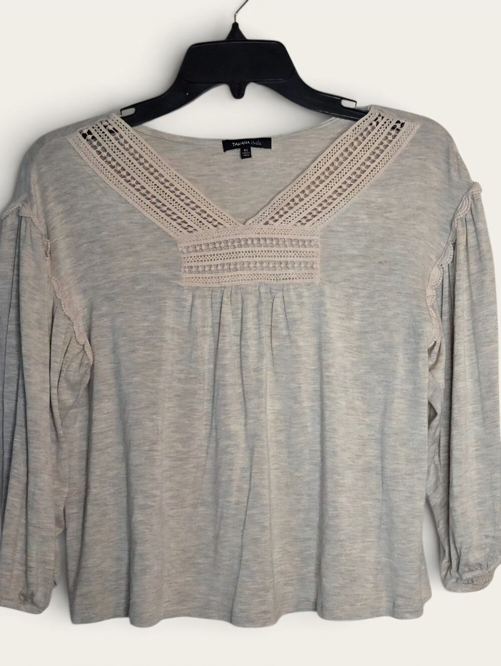 Takara Girls Crochet Trim Long Sleeve Heather Oatmeal Top - Size XL